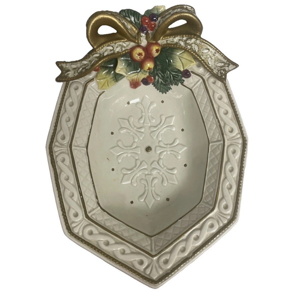Fitz and Floyd Christmas Bow Holly Berry Ceramic Candy Dish Handcrafted China